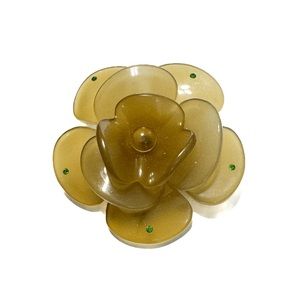 French Lucite Camellia Brooch in Translucent Pale Green Gold with Green Crystals
